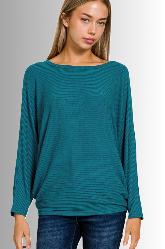 Spread your wings and fly with this batwing ribbed lightweight sweater in teal!