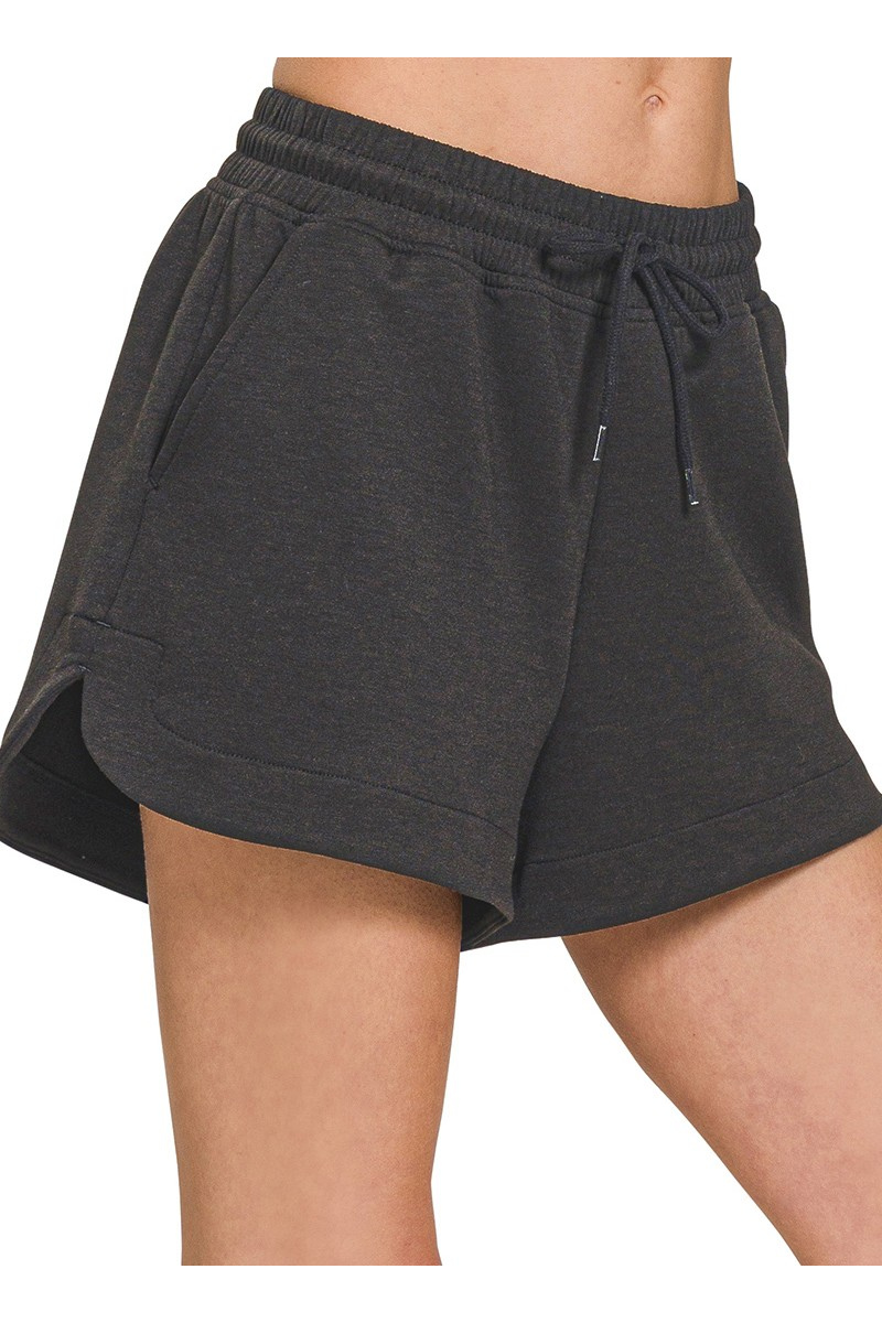 Dark gray shorts with drawstring on a white background