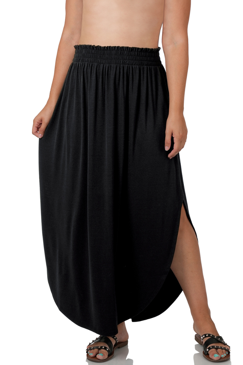 eco-friendly black smocked waist maxi skirt with side slits and pockets