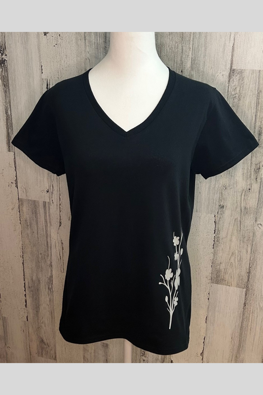 Gildan V-neck black tee with a unique cherry blossom silhouette design printed with eco-friendly ink.