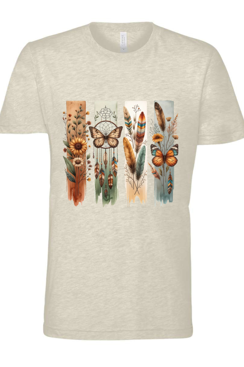Beige t-shirt with nature-themed design featuring feathers, butterflies, and flowers on a white background.
