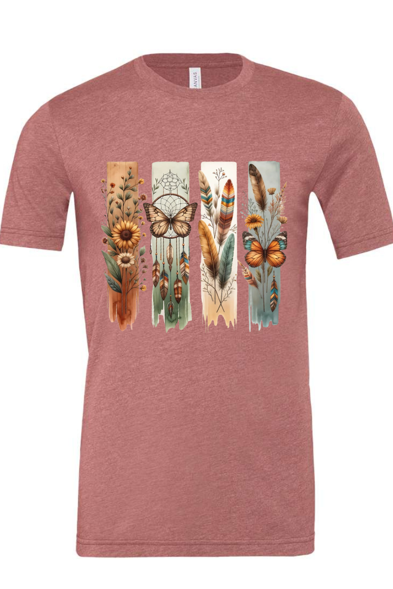 Red t-shirt with nature-themed design featuring feathers, flowers, and a butterfly on a white background.