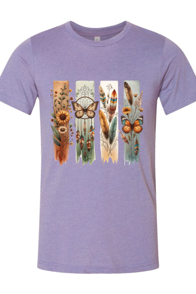 Purple t-shirt with nature-themed design featuring feathers, flowers, and a butterfly on a white background.