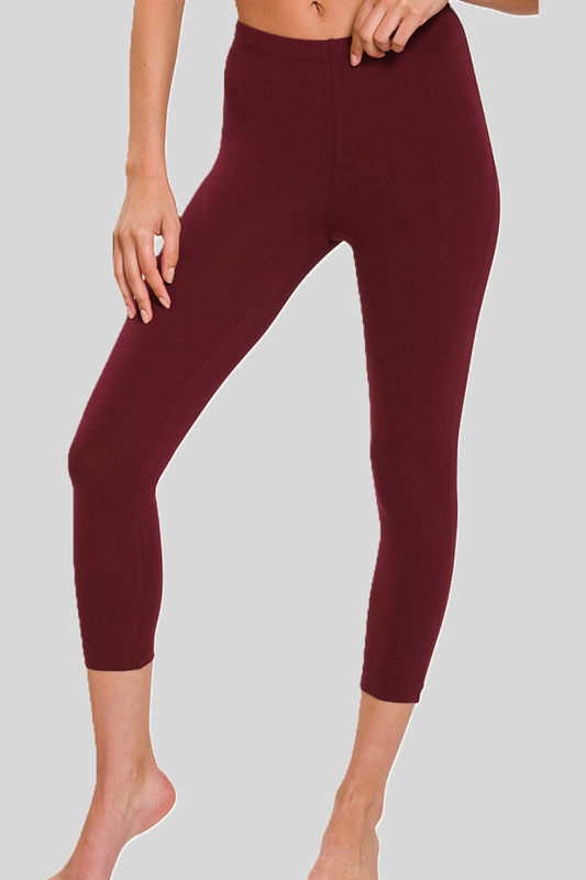 Sustainable eco-friendly premium cotton capri length dark burgundy leggings