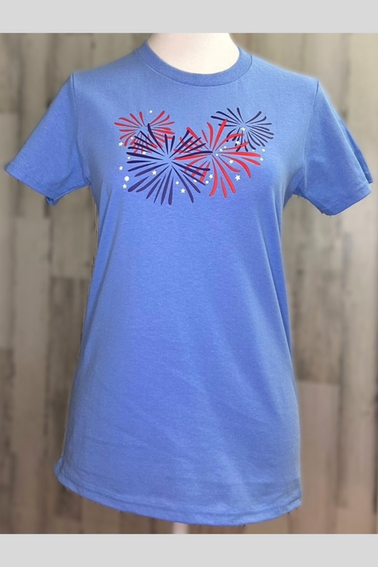 Fourth of July graphic tee, fireworks, gildan ladies eco-friendly relaxed fit