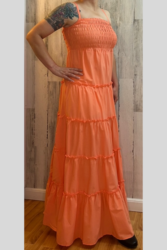 Eco-friendly, sustainable flowy cami top tiered ruffle maxi dress in peach