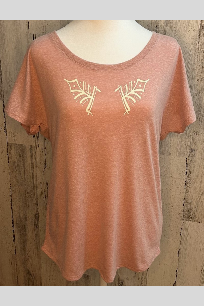 sustainable eco-friendly Next Level dolman tee in desert pink with custom ivory design