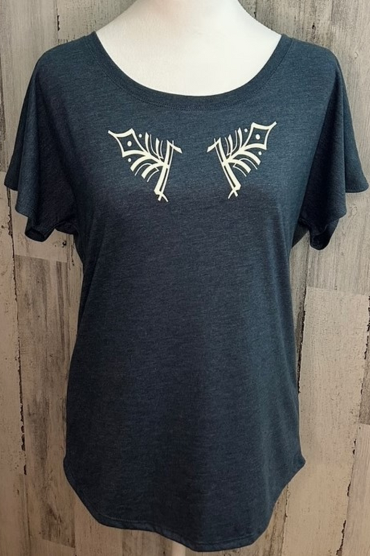 sustainable eco-friendly Next Level dolman tee in vintage black with custom ivory design