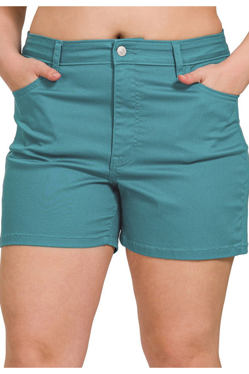 Sustainable Zenana high-rise shorts in dusty teal.