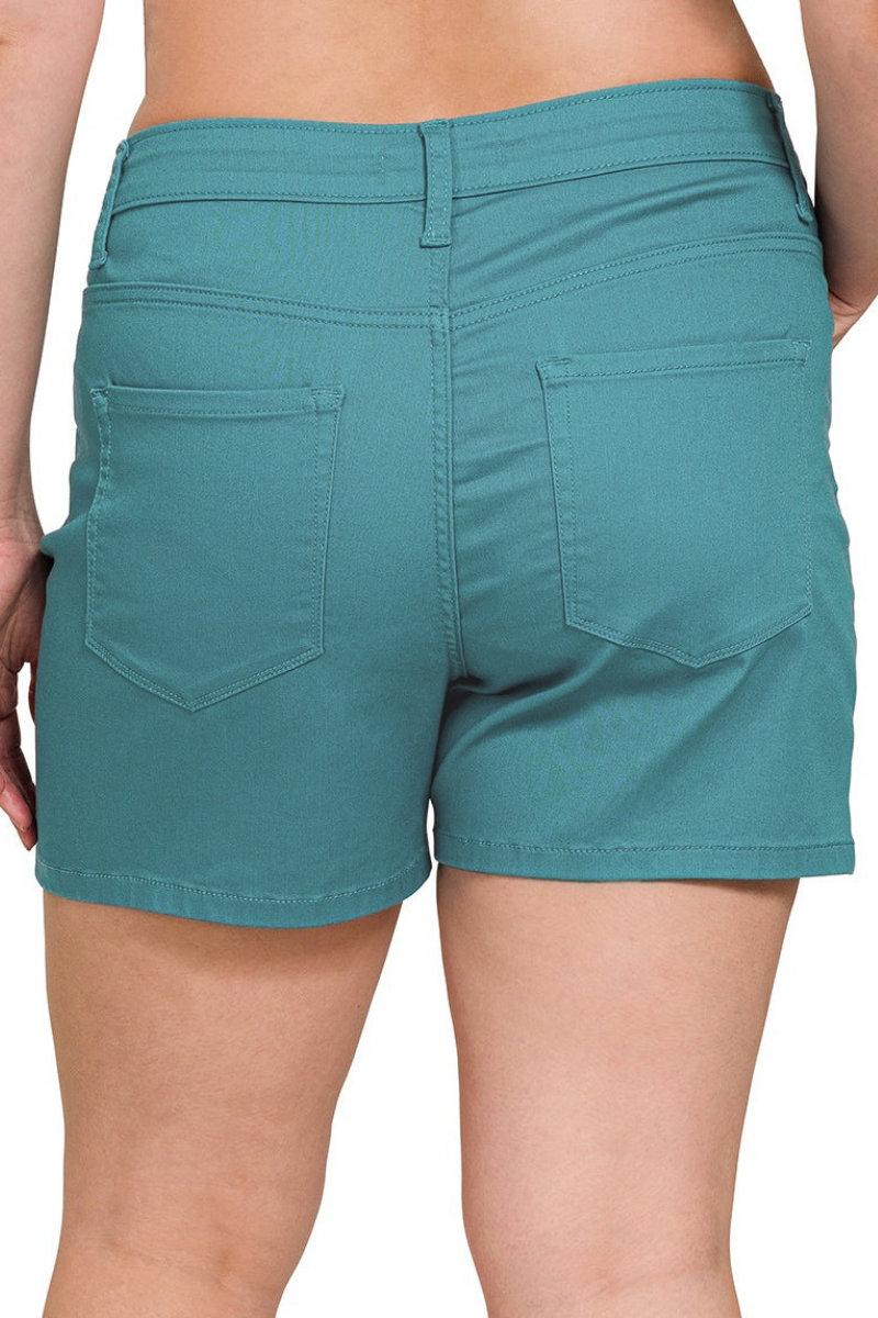 Sustainable Zenana high-rise shorts in dusty teal.