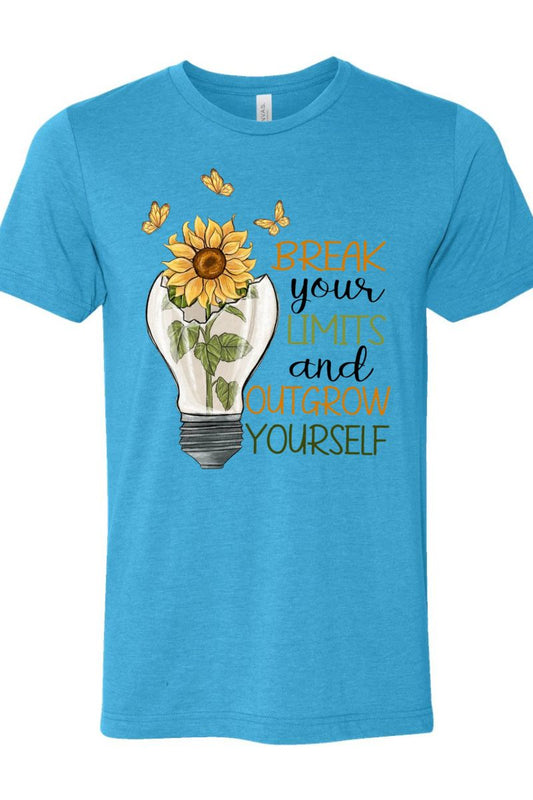 Blue t-shirt with sunflower and motivational quote design on a white background
