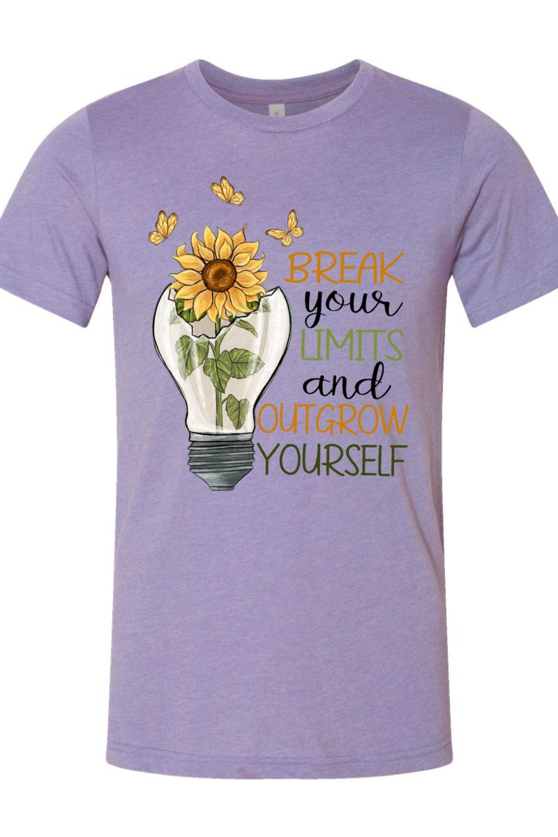 Purple t-shirt with a sunflower design and motivational text on a white background