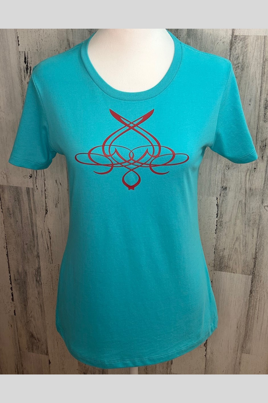 sustainable fitted tee, Next Level Apparel in tahiti blue with custom maroon design