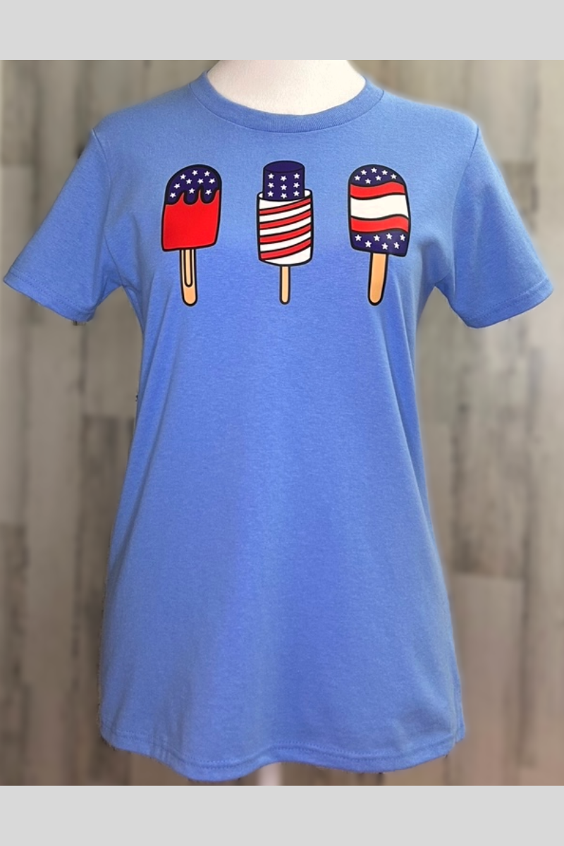 Eco-friendly Fourth of July ladies relaxed fit Gildan tee with popsicles design