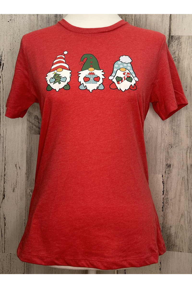 Eco-friendly, sustainable ladies holiday tee with screen-printed gnomes, super soft, relaxed fit