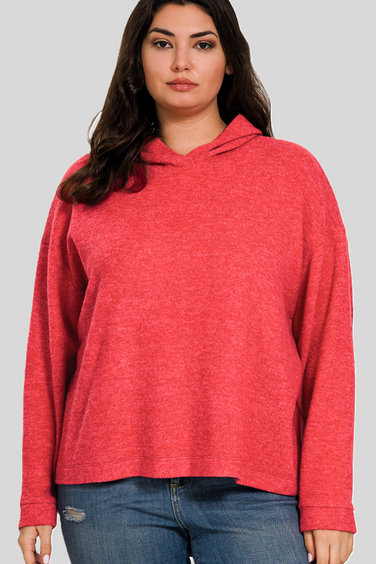 eco-friendly sustainable hacci knit melange hooded sweater in red - superior softness!