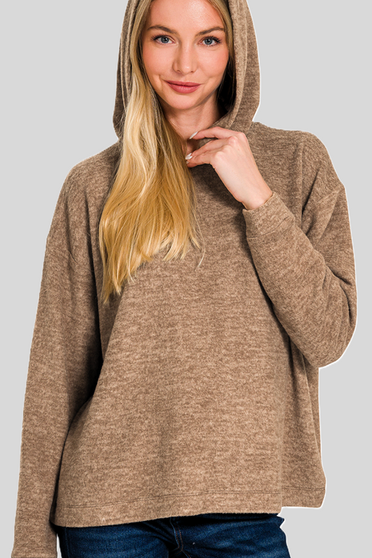 eco-friendly sustainable hacci knit melange hooded sweater in mocha color - superior softness!