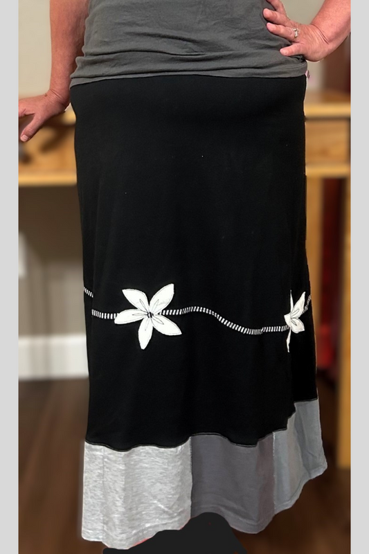 handmade black long skirt with white daisy applique made with upcycled quality cotton