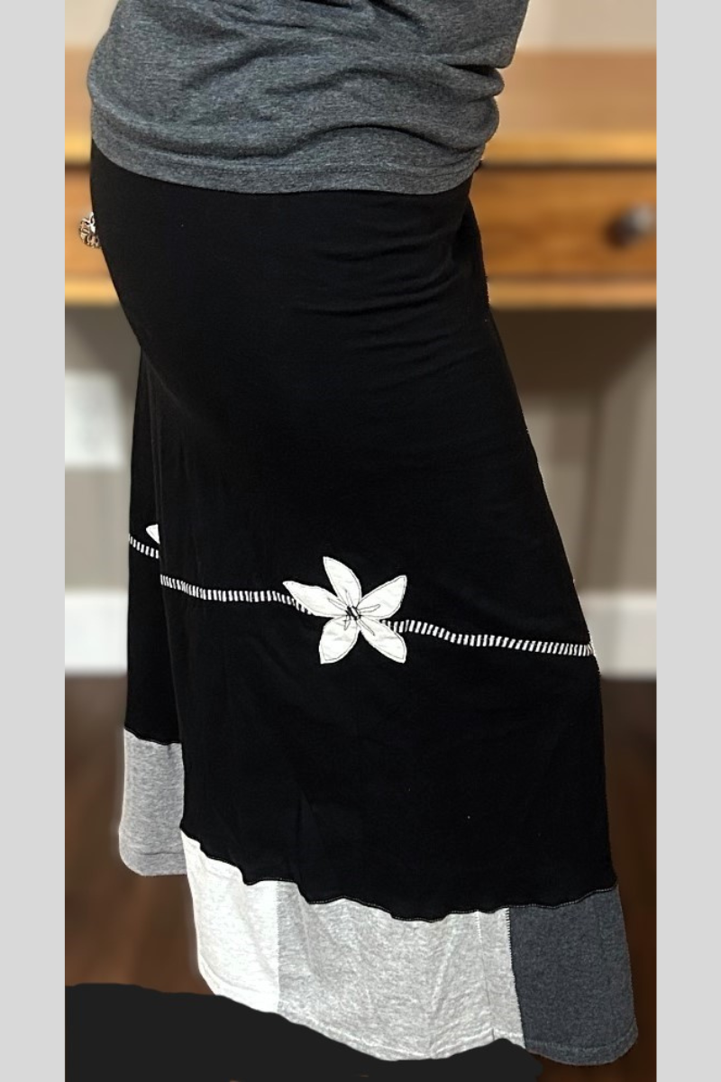 handmade black long skirt with white daisy applique made with upcycled quality cotton