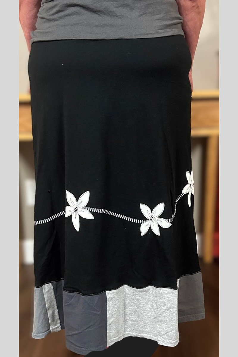 handmade black long skirt with white daisy applique made with upcycled quality cotton