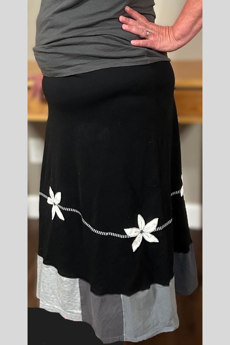 handmade black long skirt with white daisy applique made with upcycled quality cotton