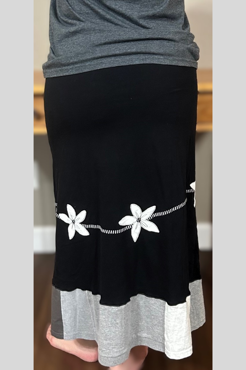 handmade black long skirt with white daisy applique made with upcycled quality cotton