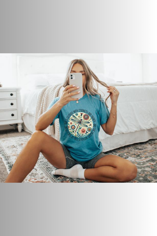 Eco-friendly Bella + Canvas unisex tee with dragonfly design and inspirational phrase.
