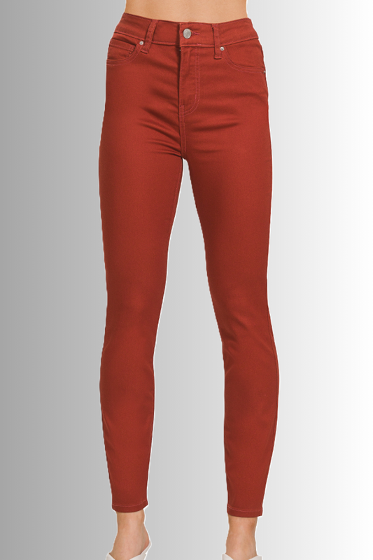 Sustainable high rise skinny leg pants in rust color