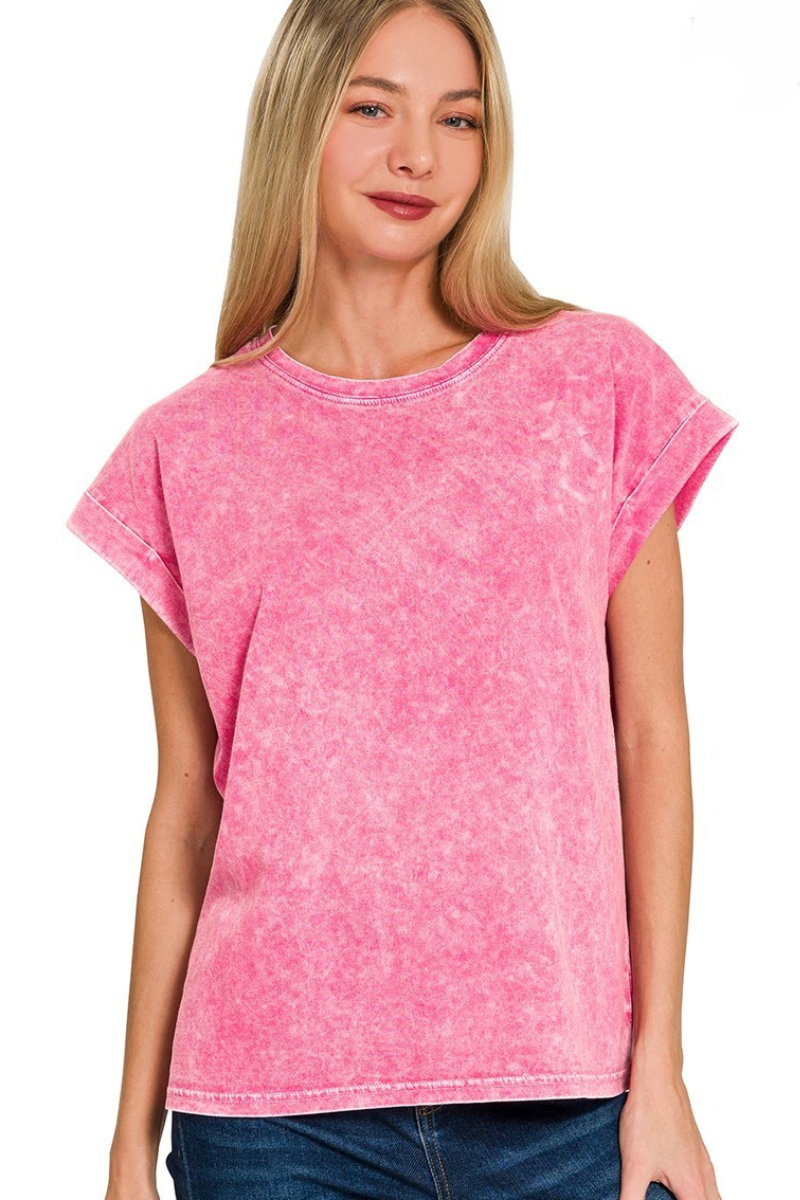 Woman wearing a pink t-shirt on a white background
