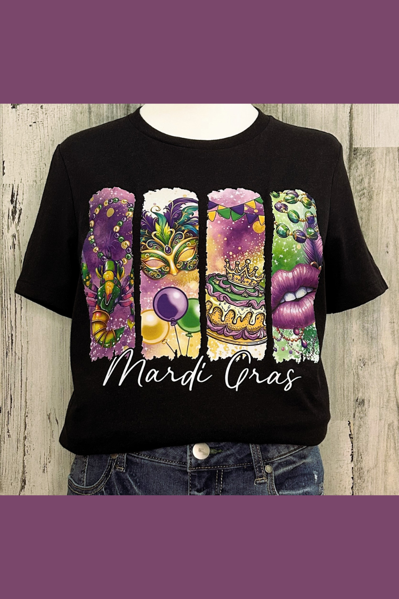 eco-friendly black heather ladies Mardi Gras printed tee