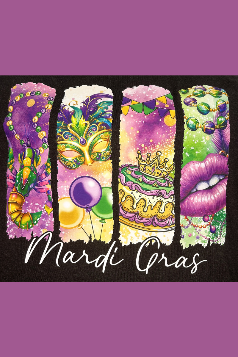 eco-friendly black heather ladies Mardi Gras printed tee