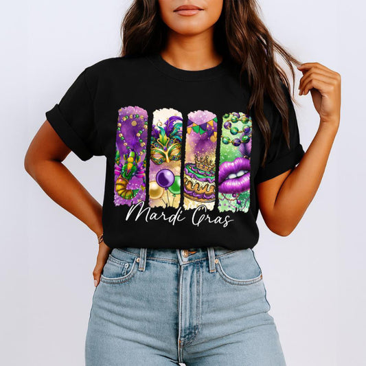 Person wearing a black t-shirt with colorful Mardi Gras design and text.