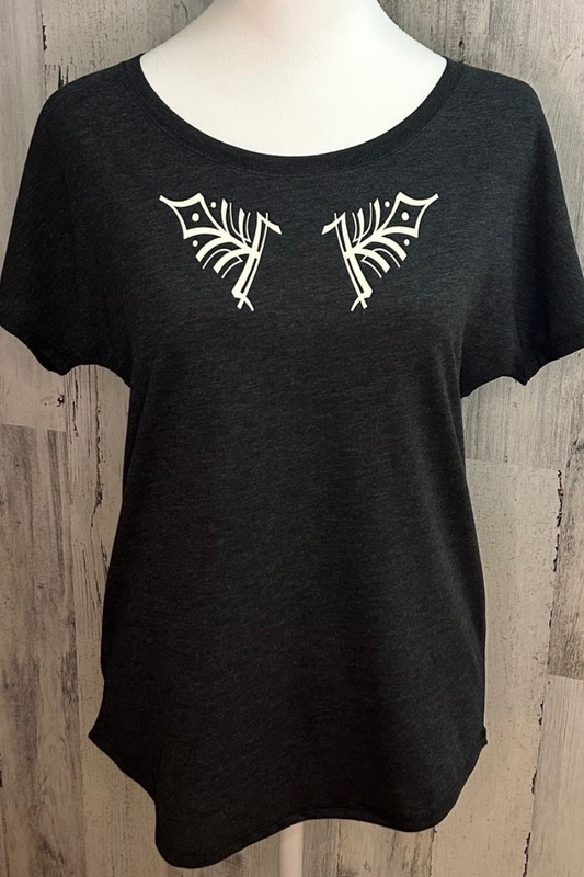 sustainable eco-friendly Next Level dolman tee in vintage black with custom ivory design