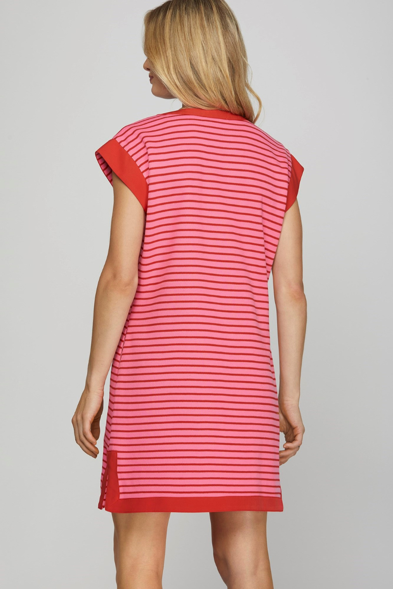 sustainable casual dress pink and red striped with capped sleeves, just above knee length, and pockets.