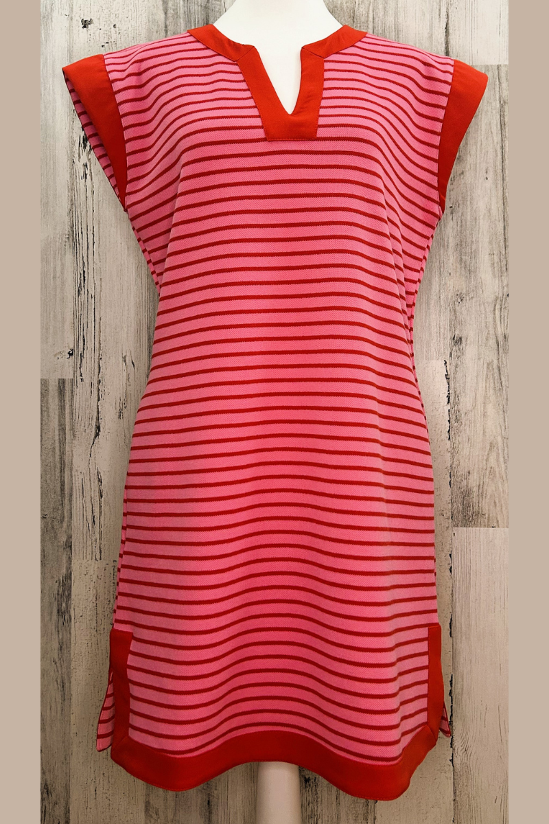 sustainable casual dress pink and red striped with capped sleeves, just above knee length, and pockets.