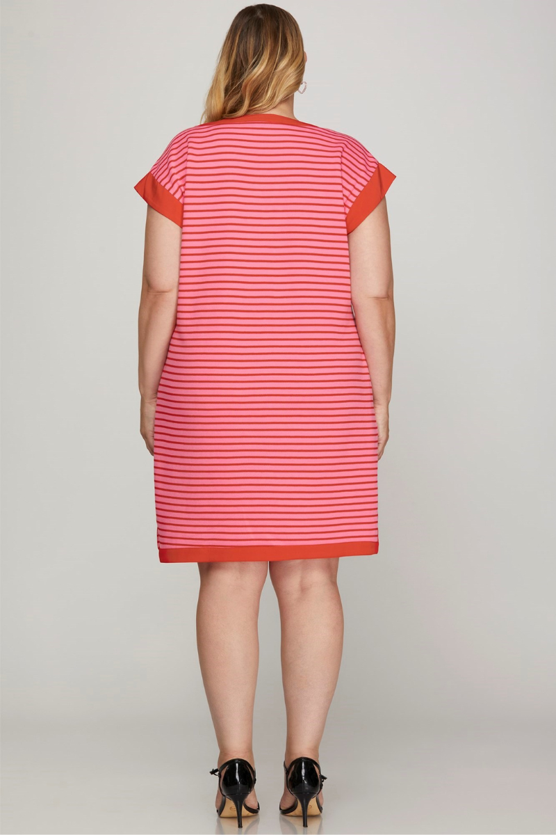 sustainable casual dress pink and red striped with capped sleeves, just above knee length, and pockets.