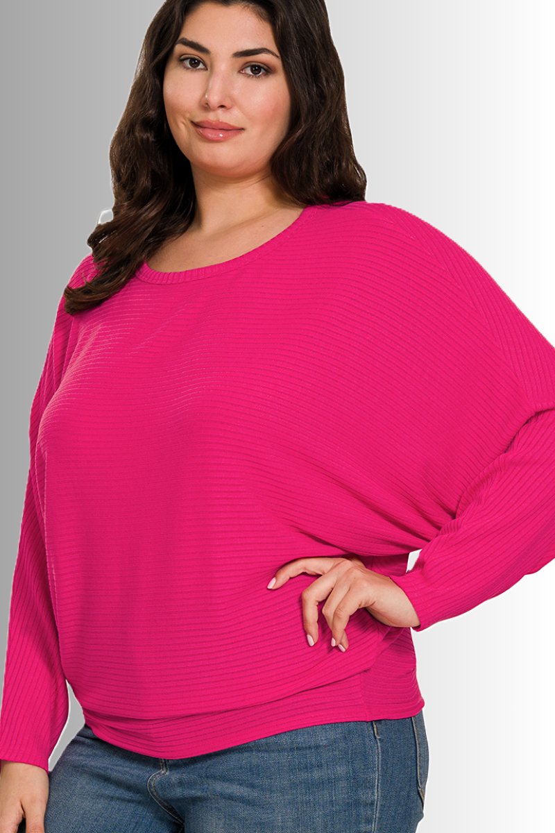 Spread your wings and fly with this batwing ribbed lightweight sweater in hot pink!