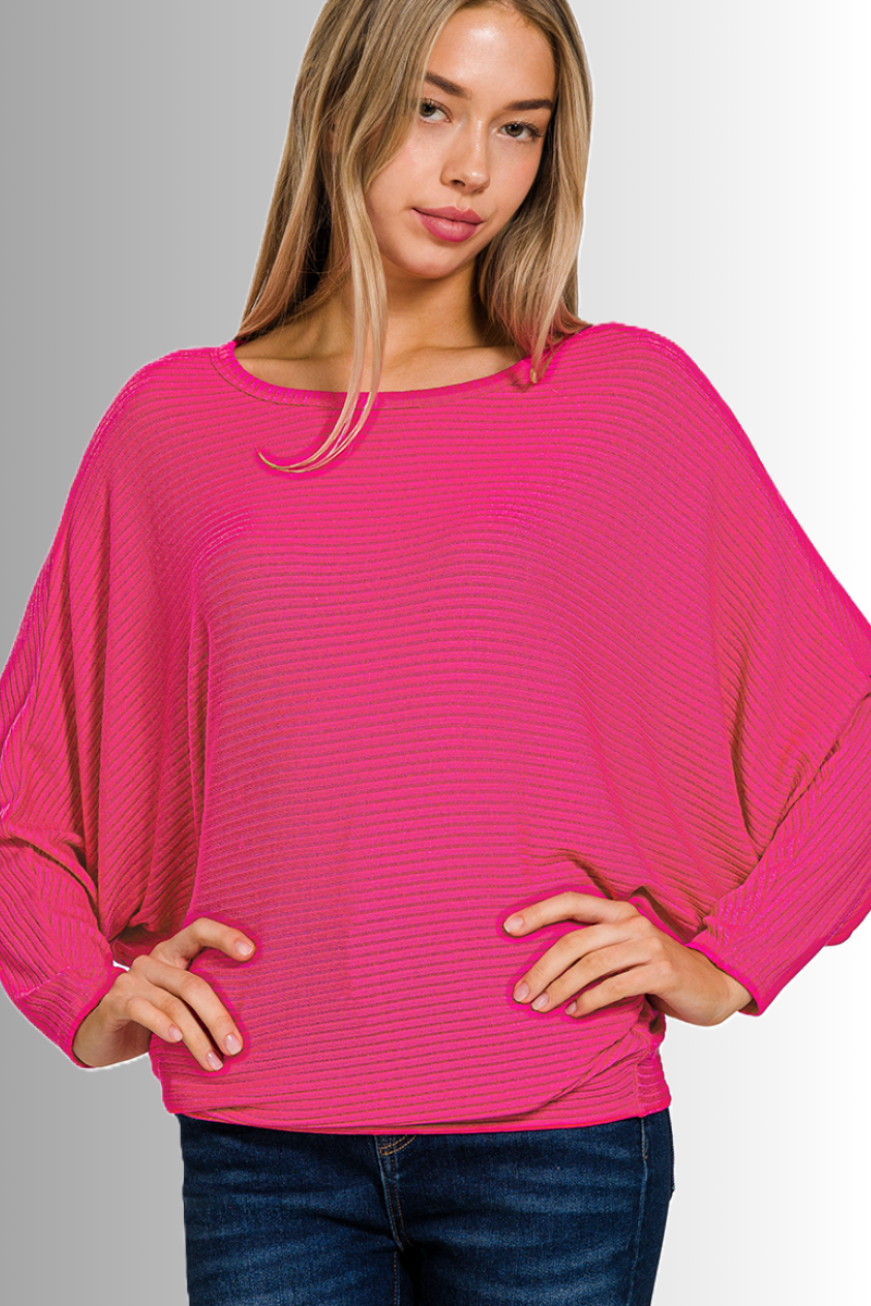 Spread your wings and fly with this batwing ribbed lightweight sweater in hot pink!