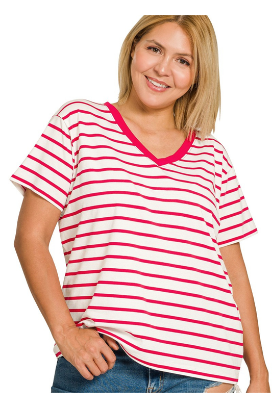 Woman wearing a red and white striped shirt on a white background