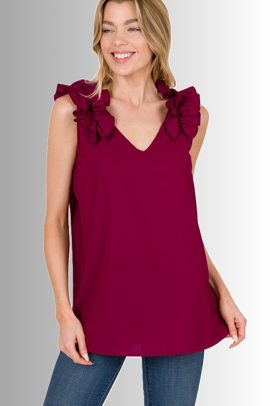 Eco-Vino Dobby Ruffle Sleeveless Top