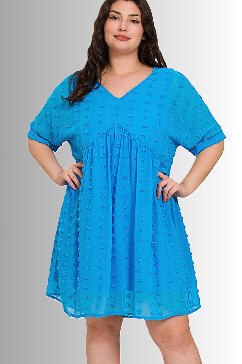 Zenana sustainable Swiss dot babydoll dress in deep sky blue color, flirty and fun