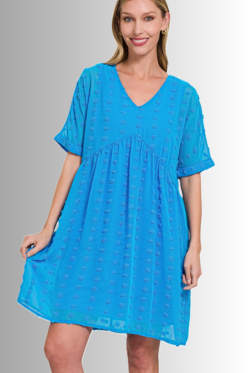 Zenana sustainable Swiss dot babydoll dress in deep sky blue color, flirty and fun