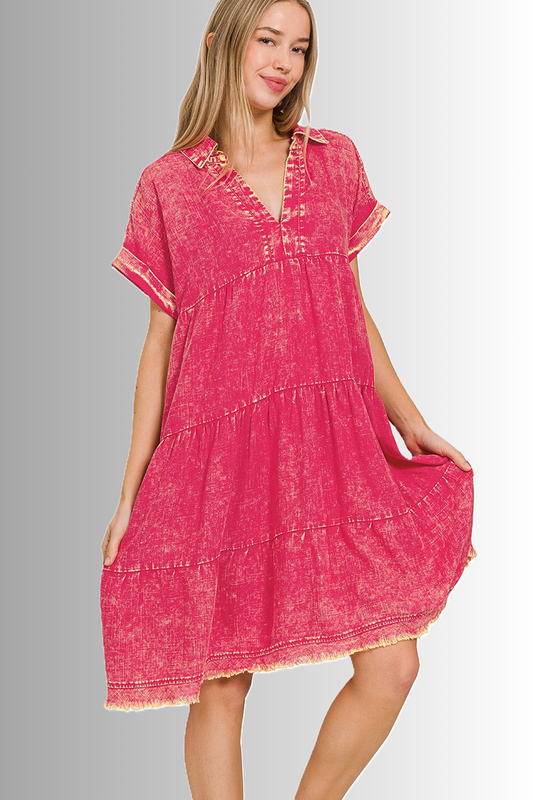 Zenana sustainable, eco-friendly acid washed linen raw edge V-neck dress in a vibrant viva magenta color, best beach dress ever