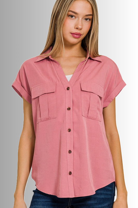 Sustainable button down dusty rose blouse with flap pockets from Zenana (made with TENCEL fabric).