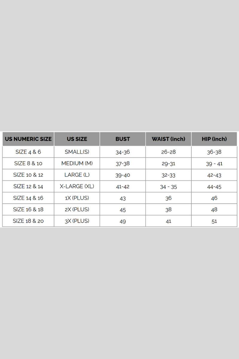 Size chart for women's clothing on a gray background